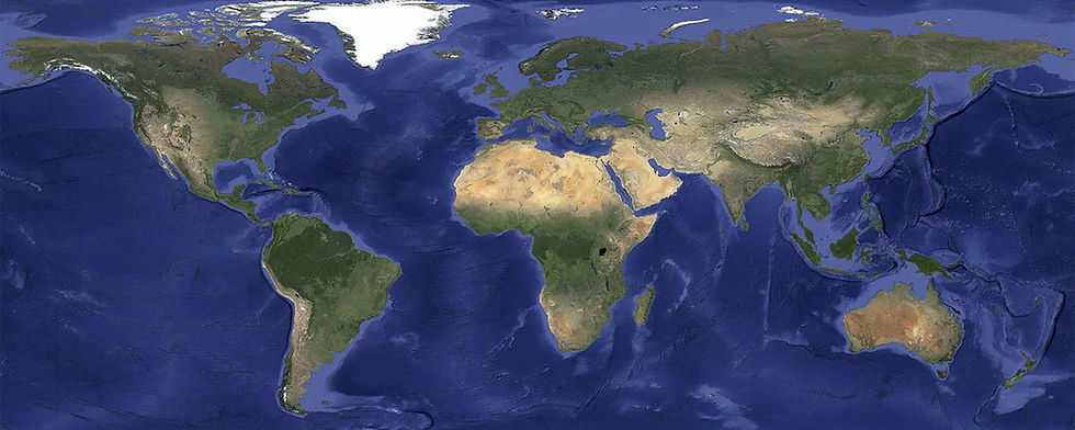 Satellite image of Earth's continents, oceans, and ice caps. Green, brown, and white represent land; blue for water. Global perspective.