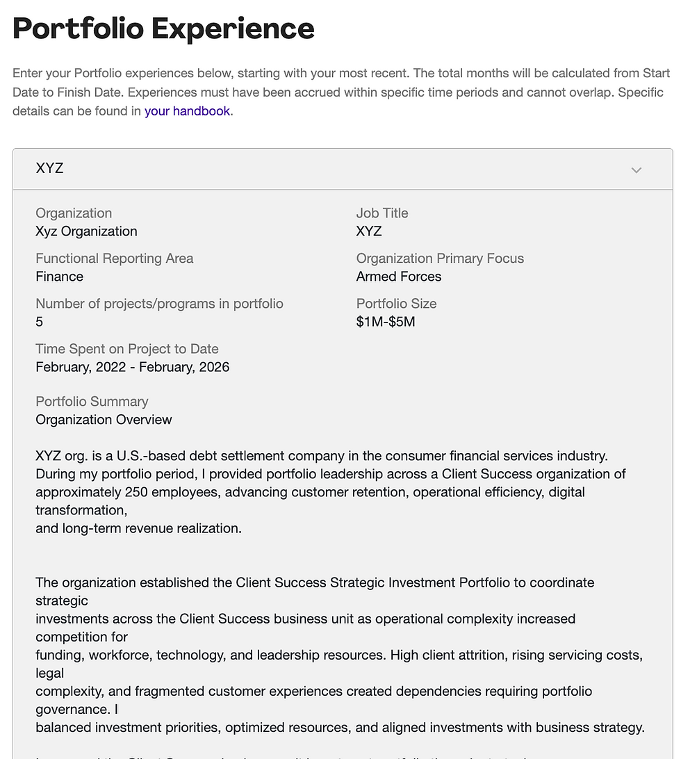 PfMP application Portfolio Experience section showing organization details, job title, functional reporting area, organization primary focus, portfolio size, number of projects and programs, experience dates, and a portfolio summary describing strategic investments, portfolio governance, resource optimization, and alignment with business strategy.