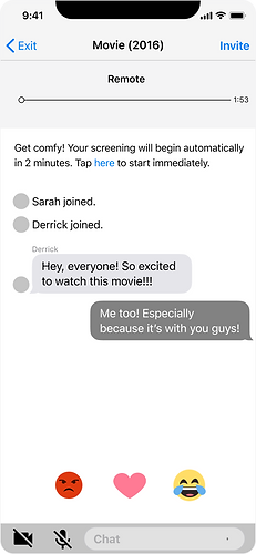 Wireframe of AcTVty Watch Party shows reacts moved to the bottom and brighter to make them more accessible.