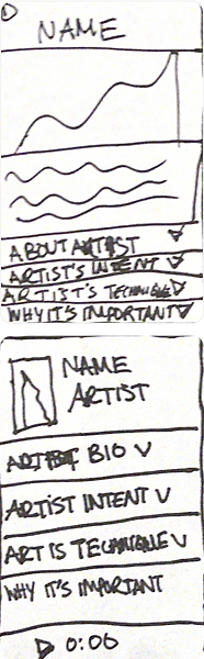 Option 1 sketches showing an image at the top with tappable headings for users to access the specific info they want.