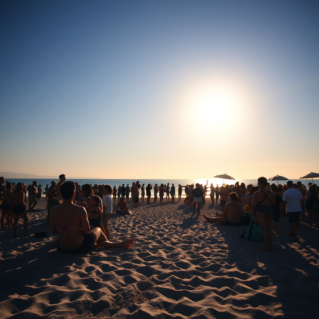 foto general de una Fiesta de año nuevo a plena luz del día, con sol,  en la playa con act