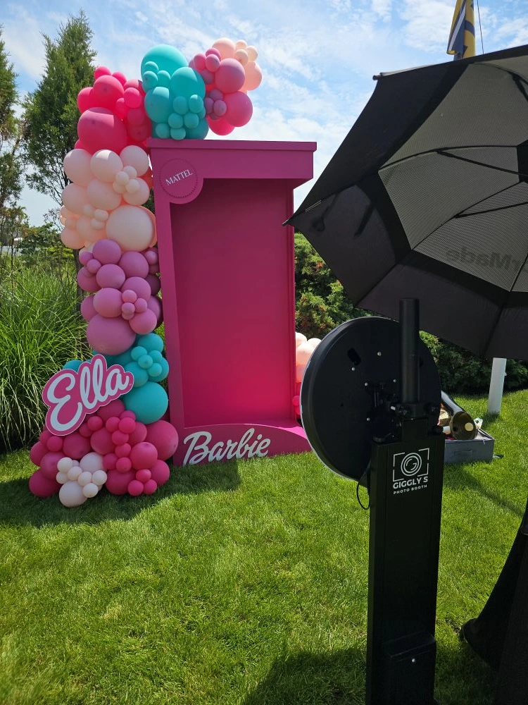 Giggly's Photo Booth outdoor set up with Lux Poppin Barbie display box