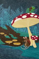 Mouse sits hunched over under a large red & white mushroom. A frog in a brown vest sit on top of the mushroom, smiling at the rain. The background is very blue, with ferns covering the ground behind a mossy log sprouting brown shelf mushrooms.
