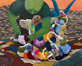 A green figure is shearing a Jacob's sheep. The sheep has three blue horns, a blue face, and skin under its rainbow patchwork of "wool." The sheep's wool is made of various textiles. The background, midground, and foreground are covered in discarded textiles, trying to show just how much waste fast fashion produces.