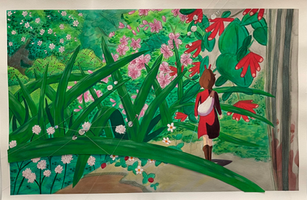 Arrietty is wearing a red dress and walking along the edge of a storm gate. Moss grows over the concrete. Next to the gate clover, wild strawberries, and grass grow. In front of Arrietty is a bunch of coral honey suckle growing along the wall of the house. Just outside the storm gate is a pink azalea bush. In the distance are a couple of American Beauty berry bushes and a Magnolia tree.
