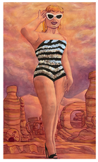A giant Barbie in black heels, a black & white one piece, and sunglasses stands before a desert landscape. The white stripes of the bathing suite are reflective silver bits of confetti. The rock formations of the desert behind her look like different kinds of trash responsible for producing micro plastics