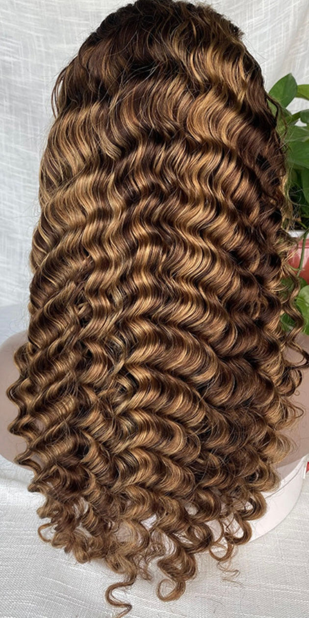 Honey Blonde Highlight Deep Wave Lace Front Wig 13x4