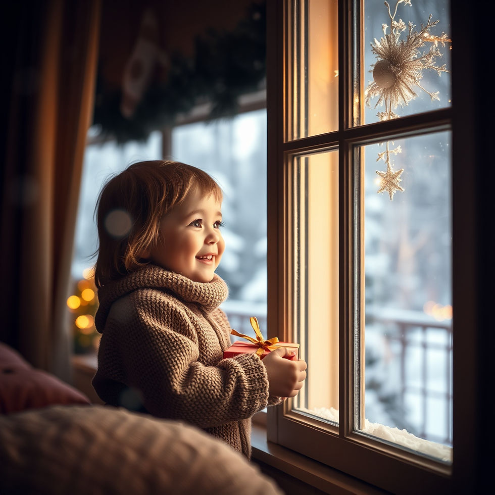 Happy child holding a holiday gift looking out a window at a snowy scene, symbolizing peaceful holiday parenting time.