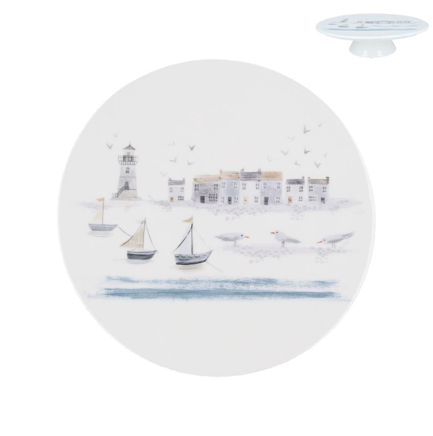 Elegant bone china cakestand with seaside illustration - coastal homeware gift idea