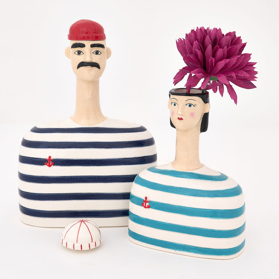 Thumbnail: Breton striped sailor bud vase with removable hat lid