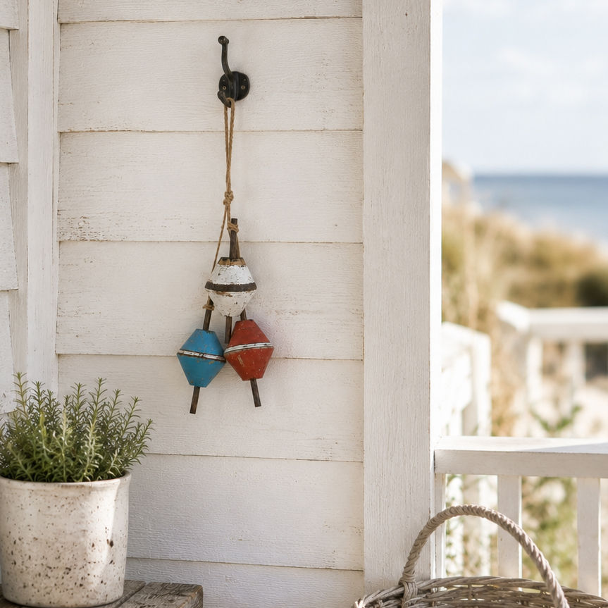 Newlyn Wooden Fishing Float Hanging Decoration displayed in a rustic coastal porch.