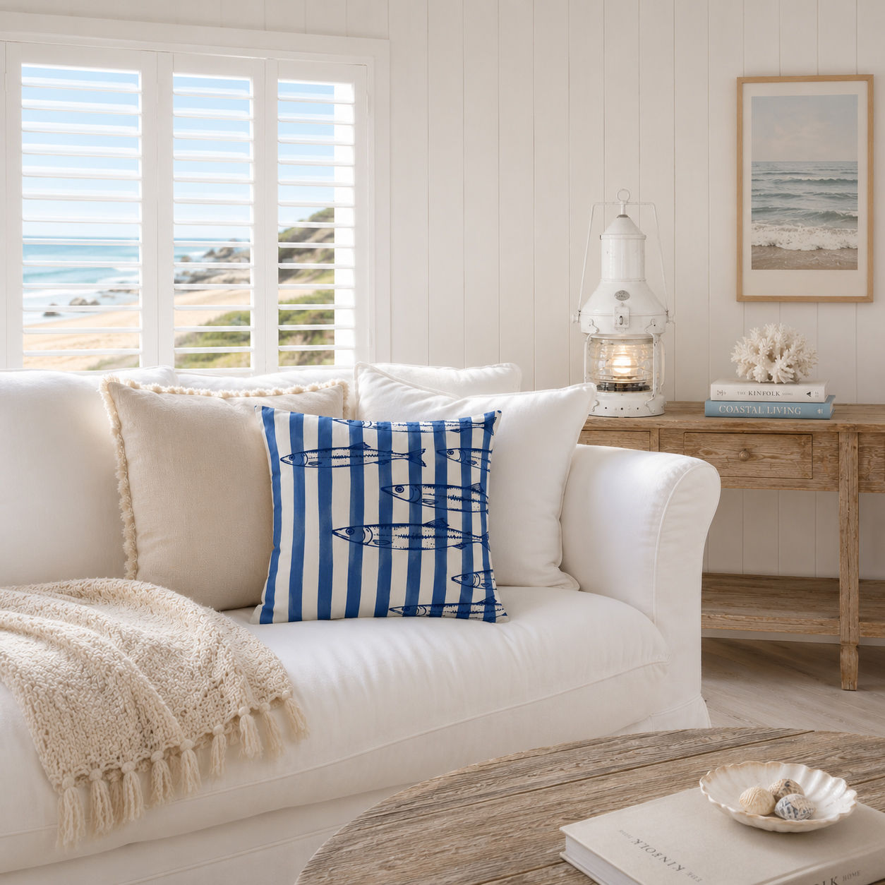 Beach House Stripe Fish Cushion styled on a white coastal sofa.