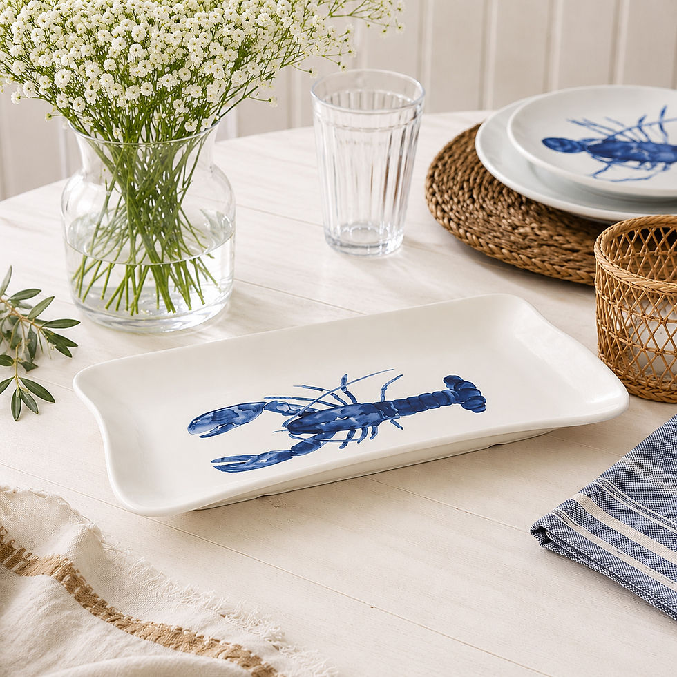 Large rectangular porcelain lobster platter for serving seafood, cheeses and sharing dishes.