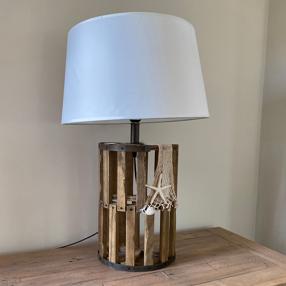 Thumbnail: rustic wooden slatted lamp base inspired hy loster pot