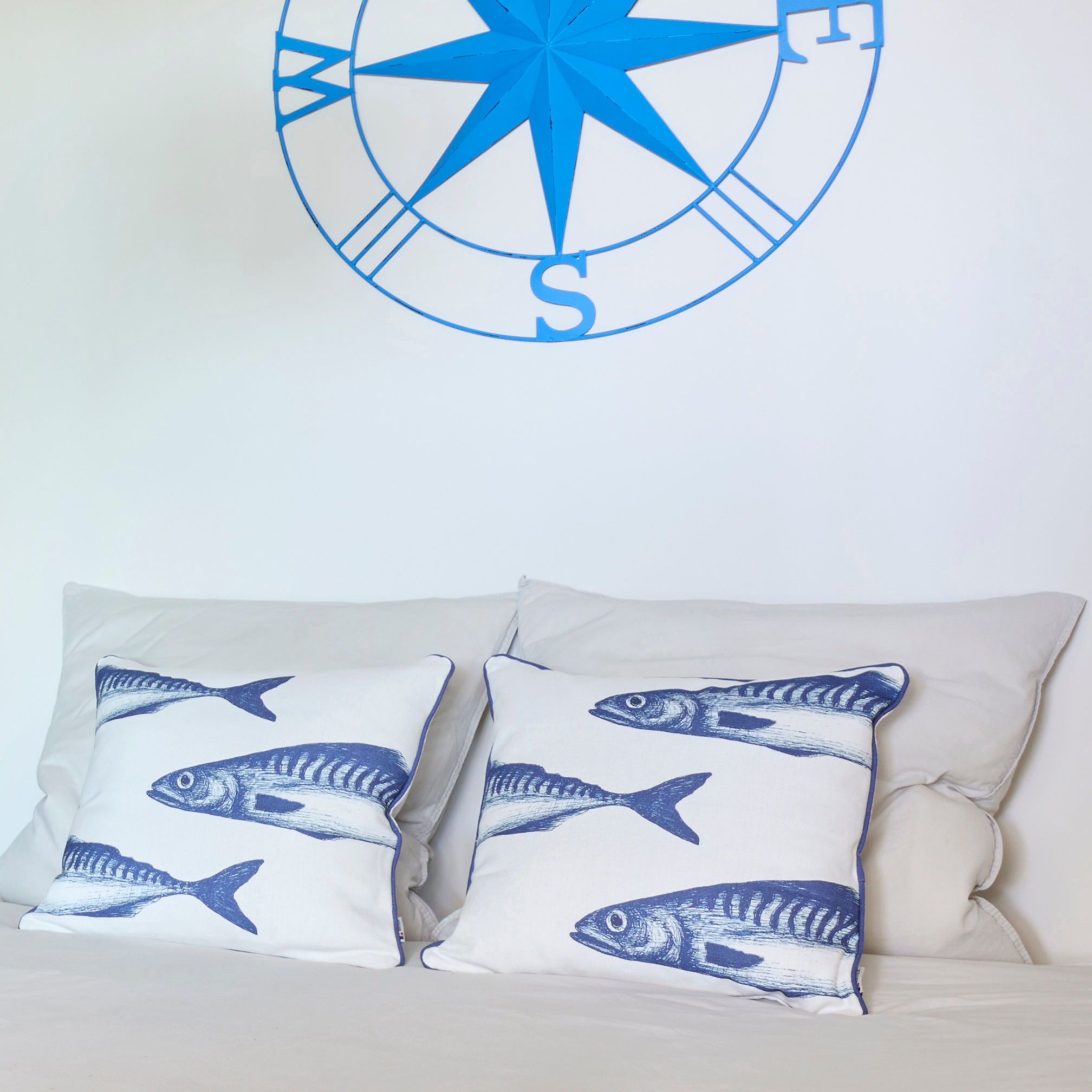 Cornish inspired fish print cushion pair coastal styling
