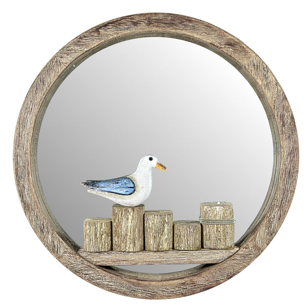 Coastal seagull round wooden mirror with rustic weathered frame.