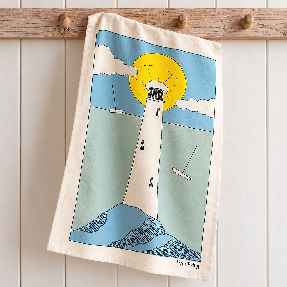 Poppy Treffry Lighthouse Tea Towel displayed in a coastal kitchen