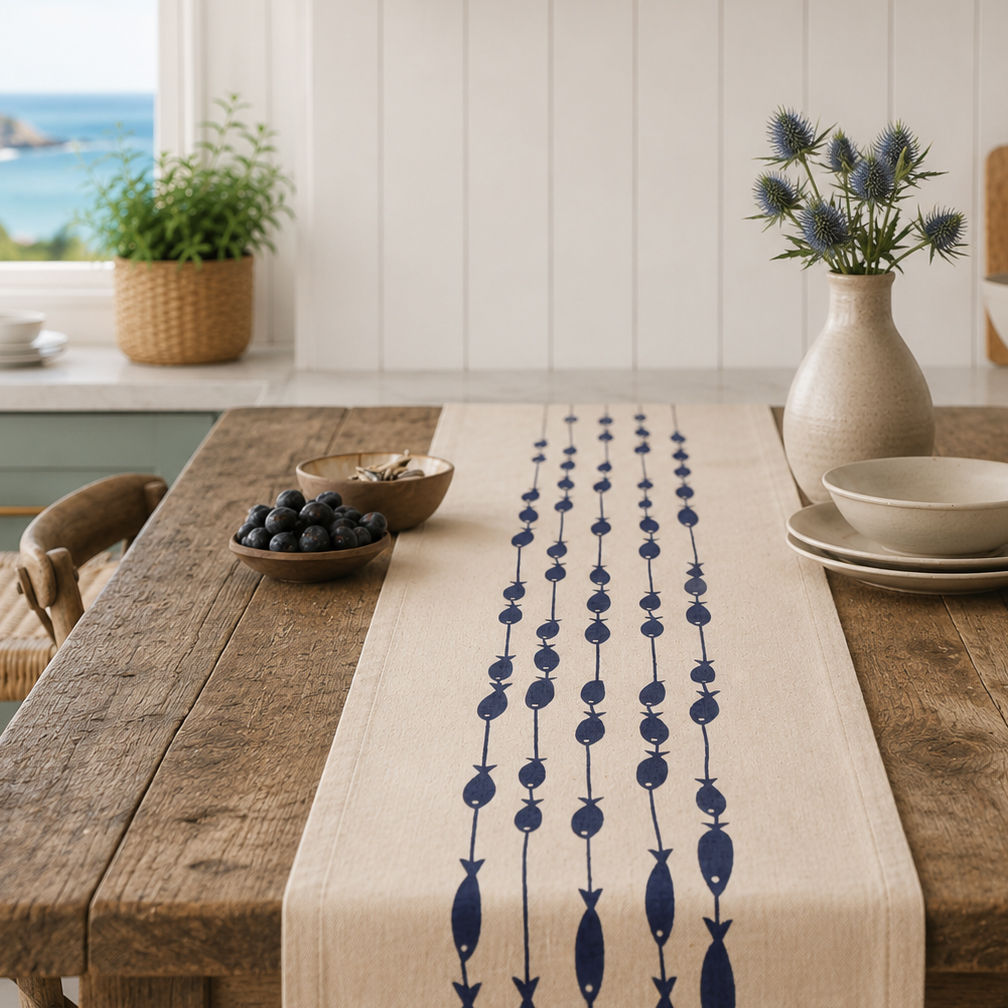 Coastal dining table styled with Fish on a Line navy runner