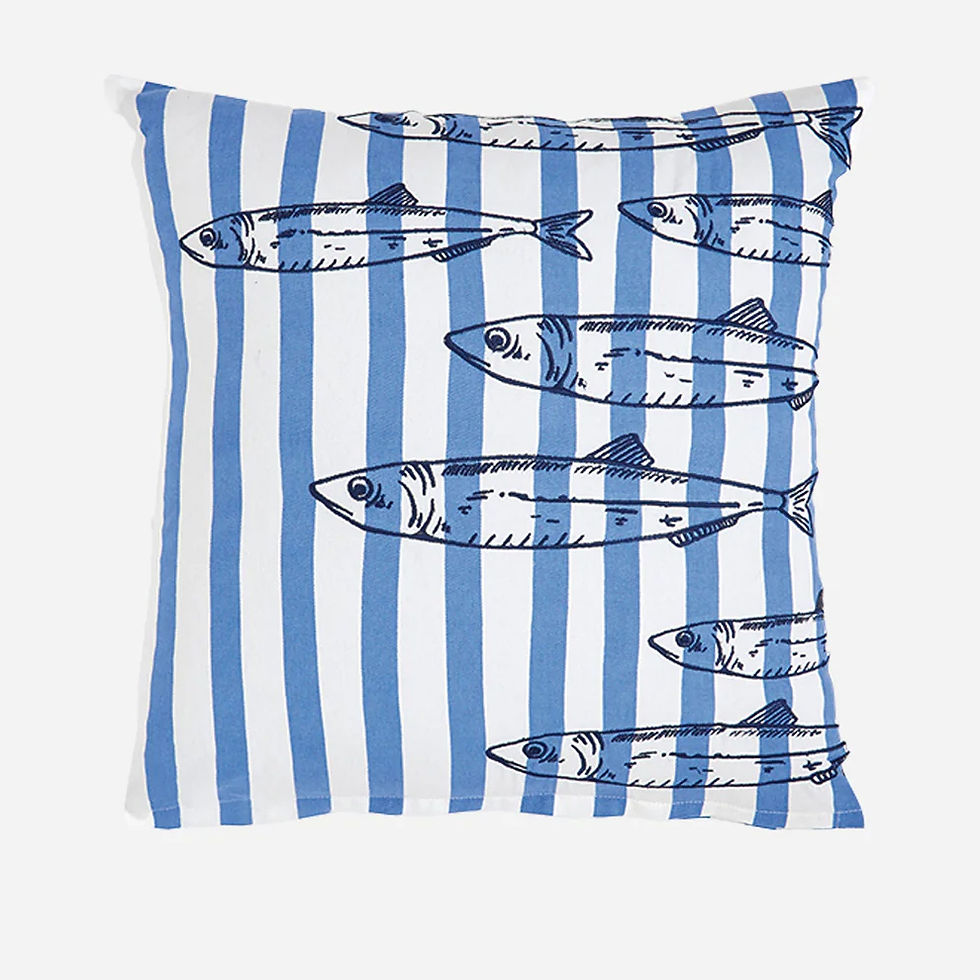 Thumbnail: Beach House Stripe Fish Cushion with a blue and white striped design measuring 45 x 45cm.