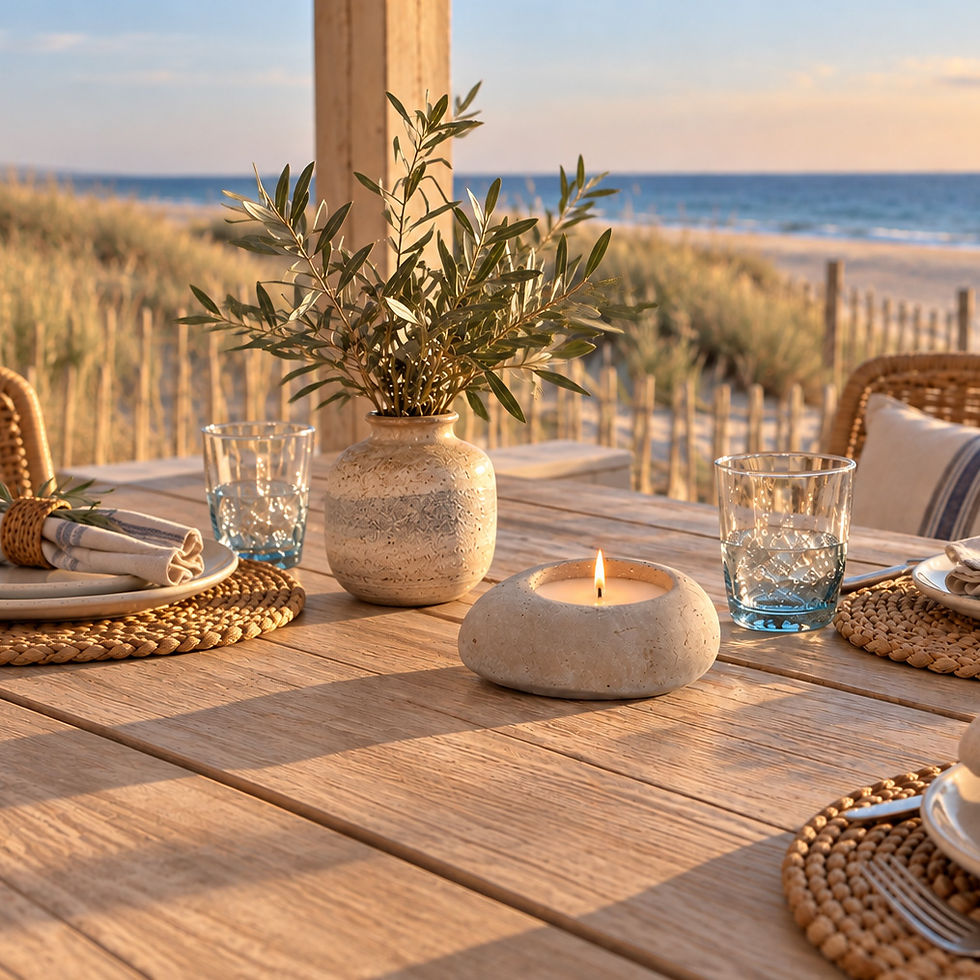 Pebble shaped citronella outdoor candle in coastal setting