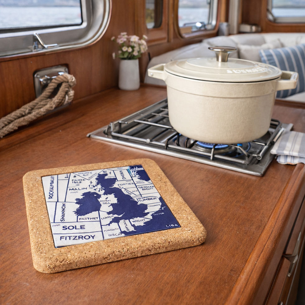Shipping forecast cork trivet with coastal map tile design