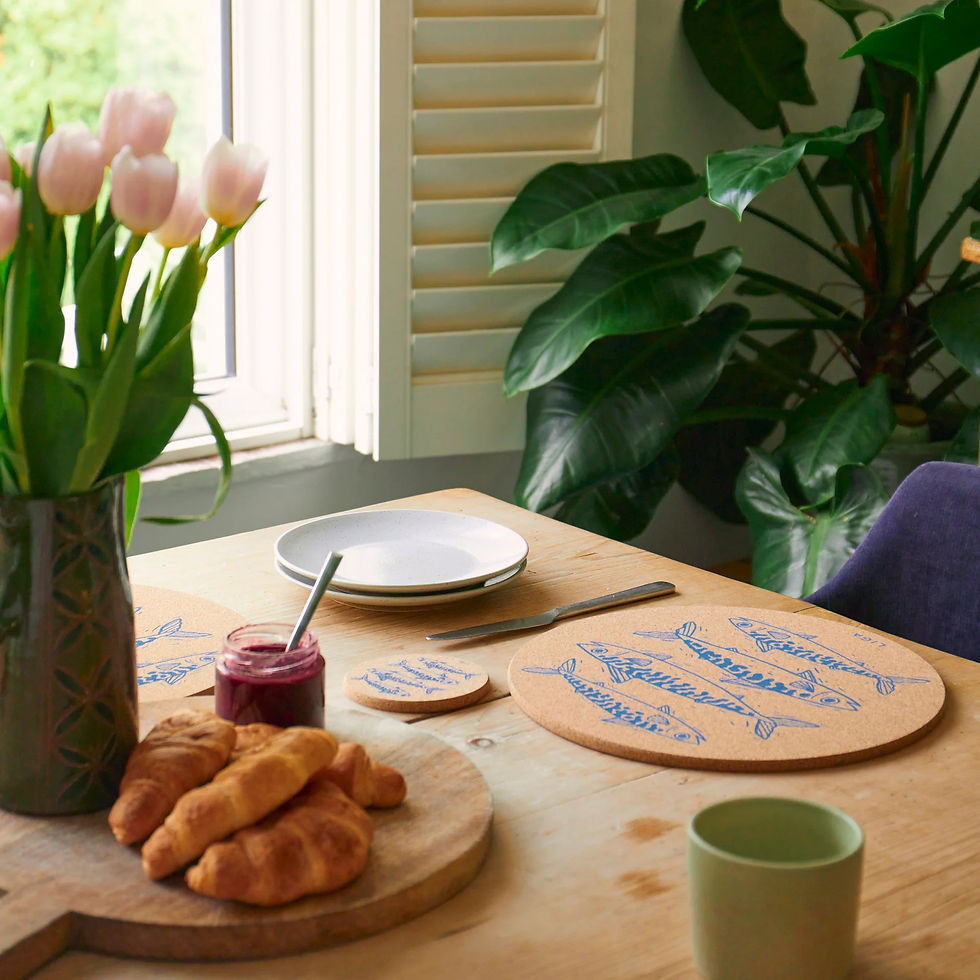 Blue mackerel cork placemats and coasters on dining table