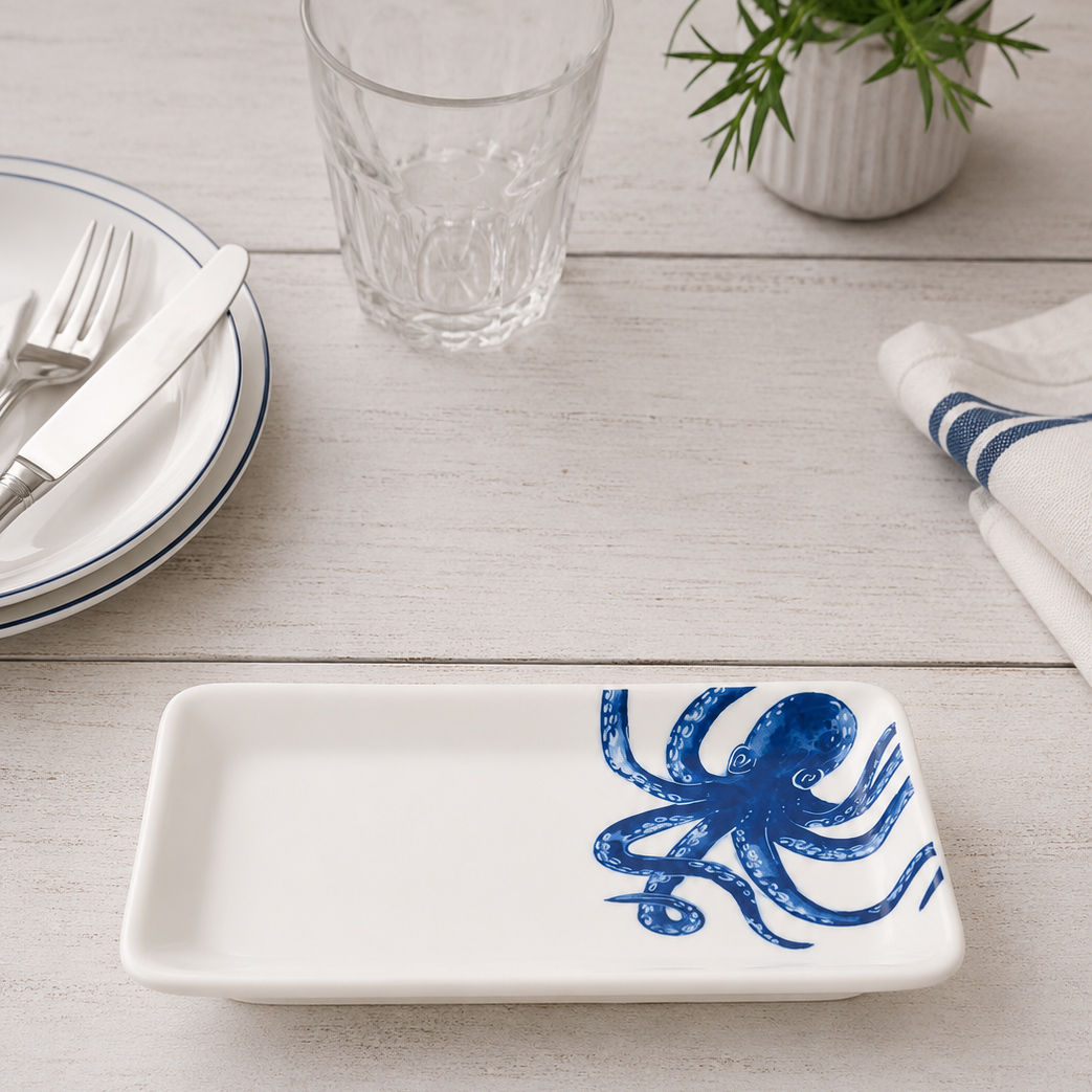 Under the Sea Collection porcelain octopus rectangular plate featuring a blue octopus illustration.