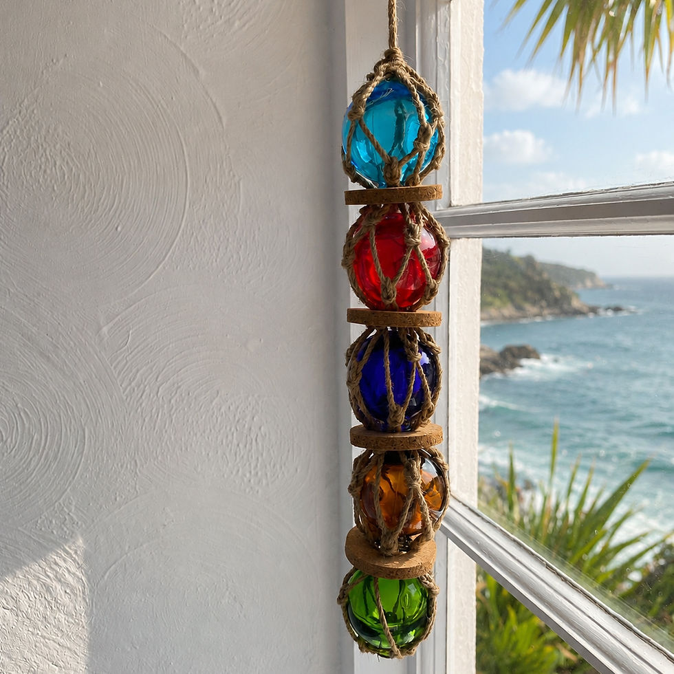 Decorative glass fishing float garland hanging in a coastal window