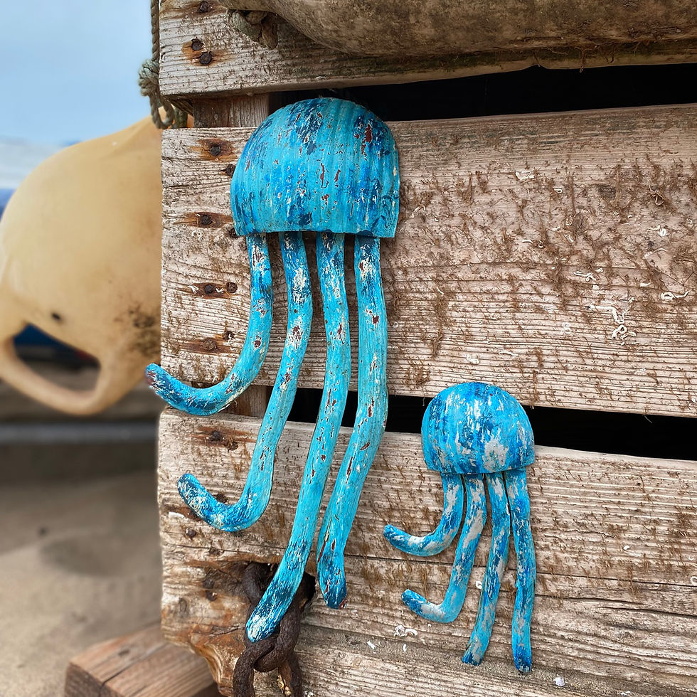 Thumbnail: Azure wooden jellyfish wall art set displayed on driftwood timber.