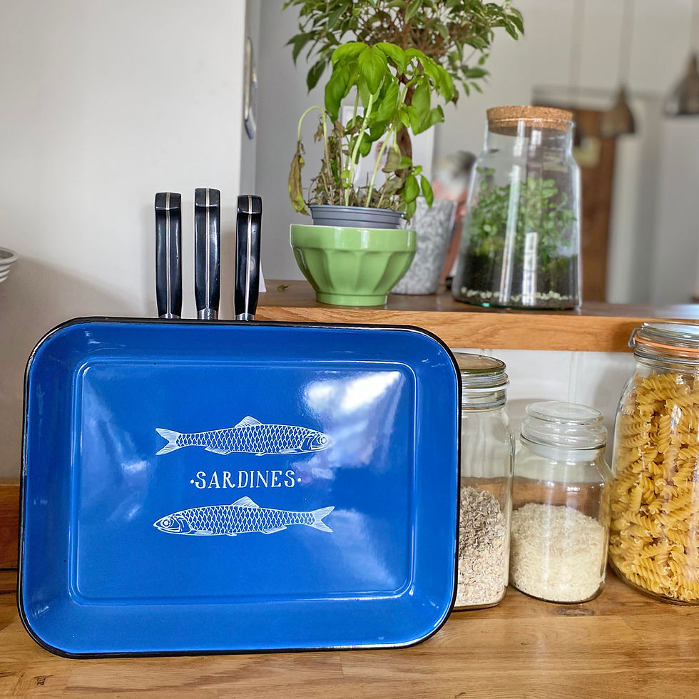 Medium enamel serving tray with blue sardine print - coastal kitchenware
