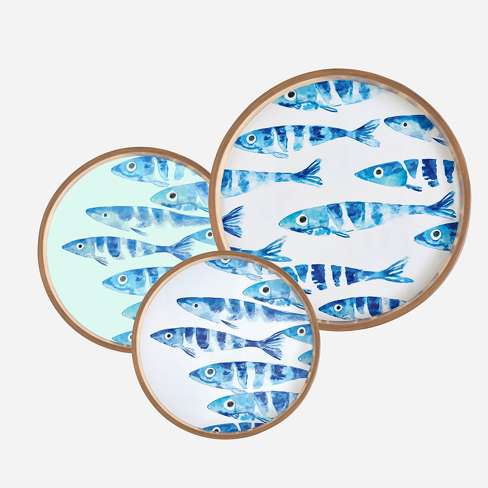 Thumbnail: Wooden side tables with blue fish shoal artwork tops