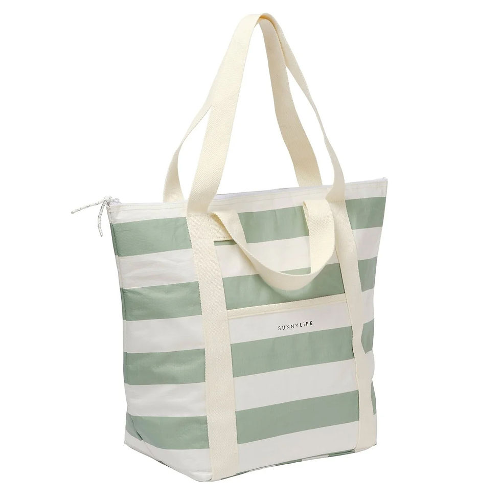 Thumbnail: Sage green striped cooler bag with woven carry handles