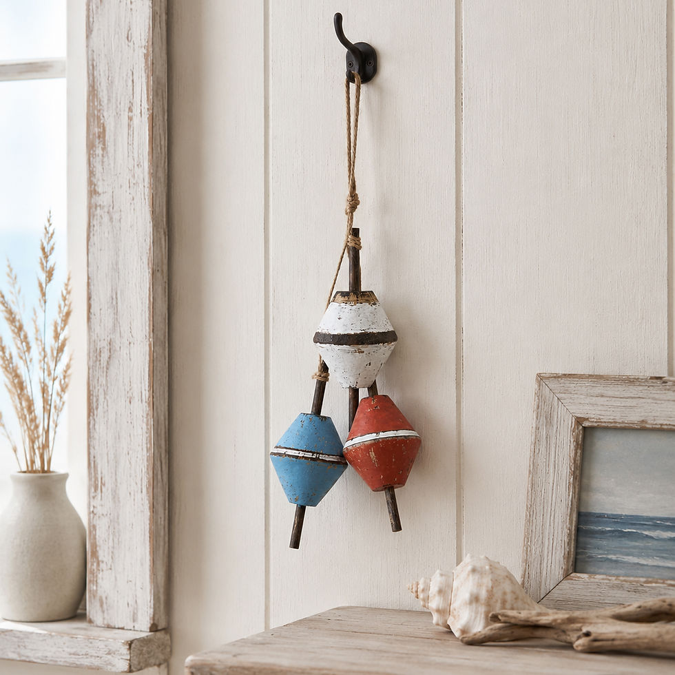 Thumbnail: Newlyn Wooden Fishing Float Hanging Decoration featuring three colourful weathered wooden fishing floats suspended from natur