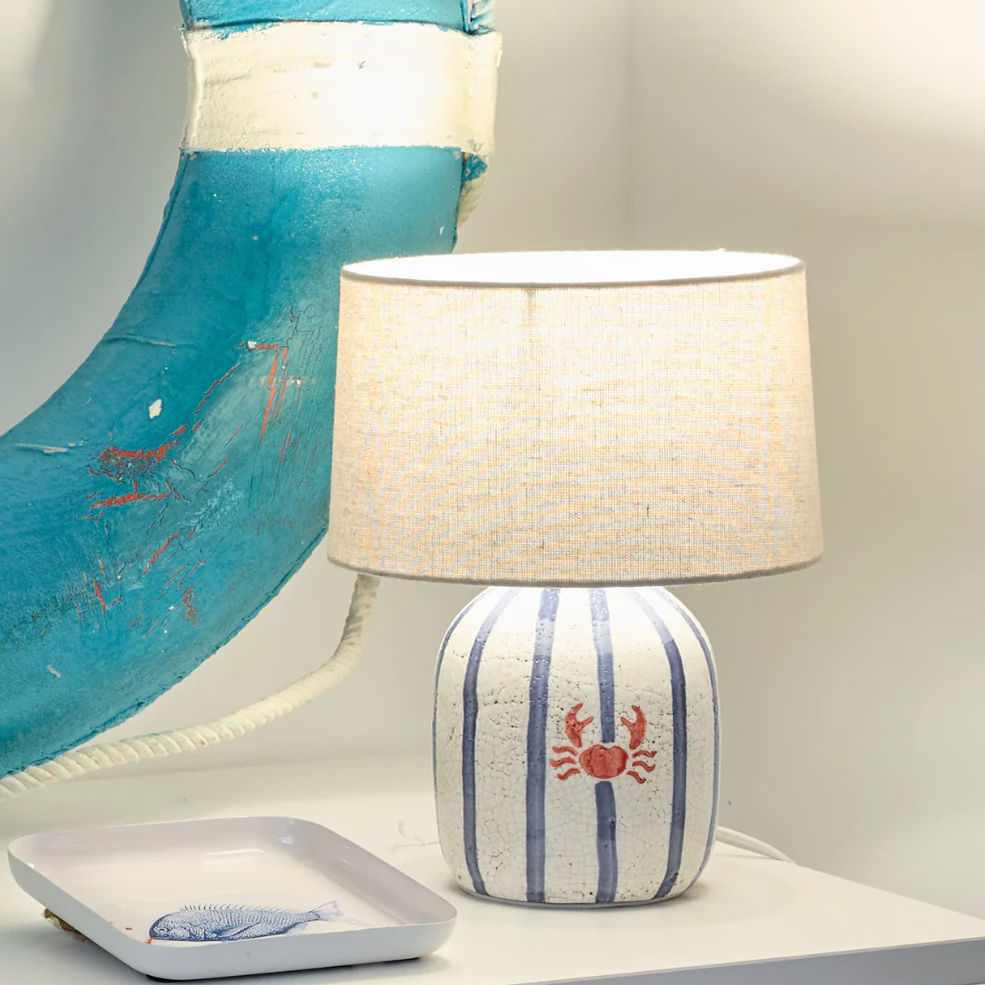 Cromer Crab blue stripe ceramic table lamp with white shade