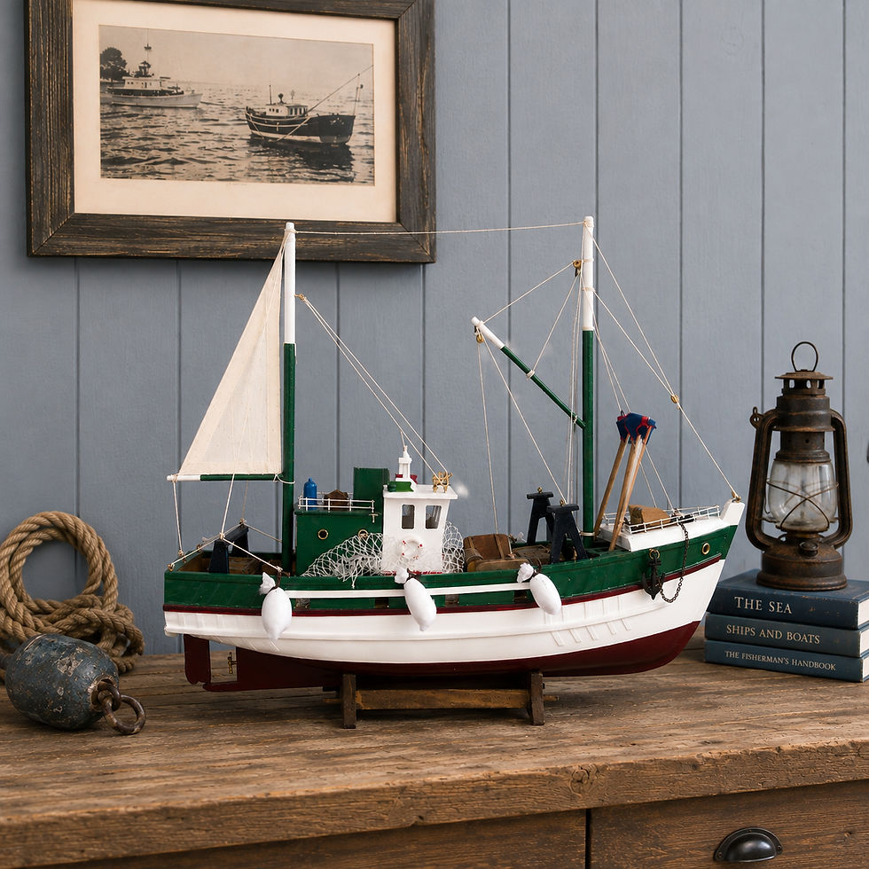 Replica fishing boat model displayed on a wooden table in a relaxed coastal home