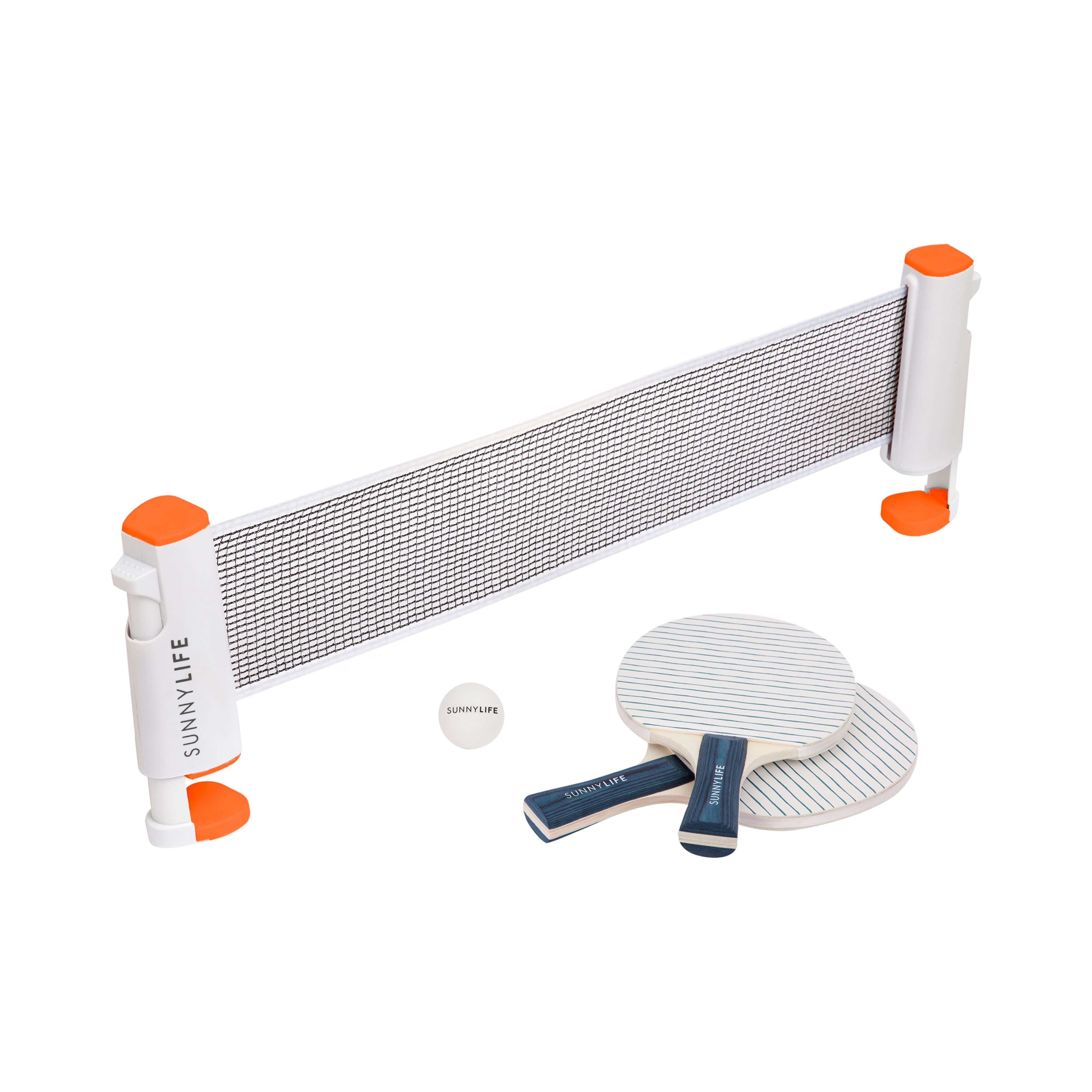 Sunnylife Travel Table Tennis Set with adjustable net, two wooden bats and two table tennis balls.