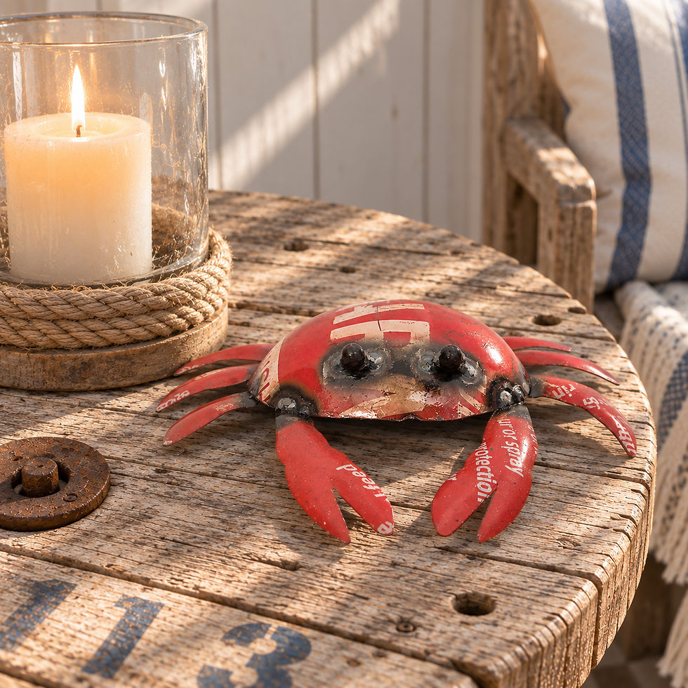 Red crab ornament handcrafted from recycled metal