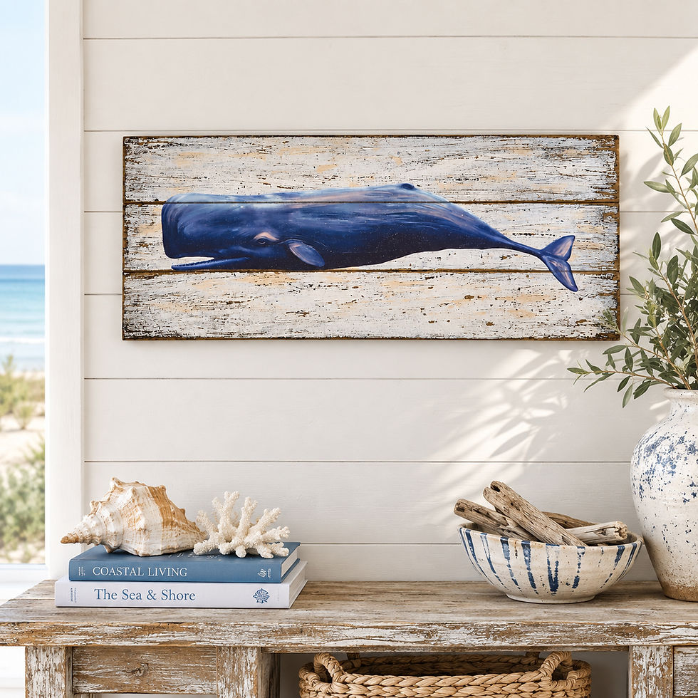 Thumbnail: Coastal sperm whale wooden wall art displayed in a beach house interior.