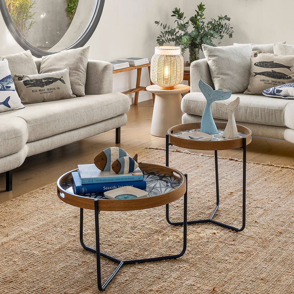 Thumbnail: Coastal side tables with natural wood and metal legs