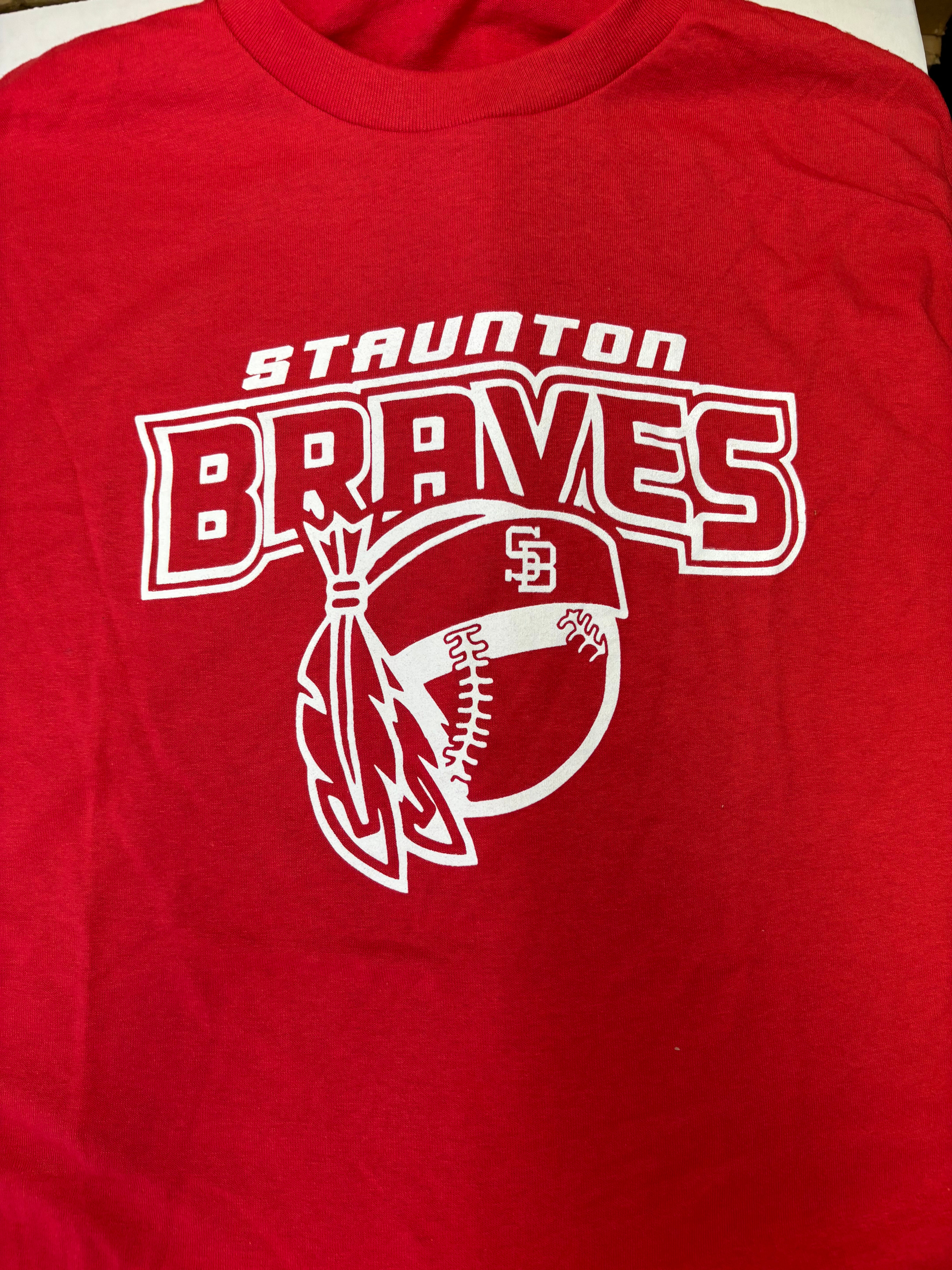 Red Short Sleeve Staunton Braves Baseball Logo