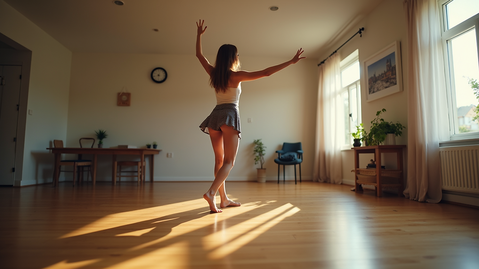 Eye-level view of a dancer practicing in a home setting
