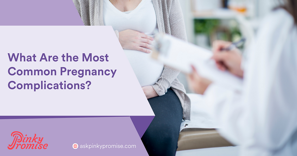 Pregnant woman holding belly, doctor writing notes. Text: What Are the Most Common Pregnancy Complications? Website: askpinkypromise.com.
