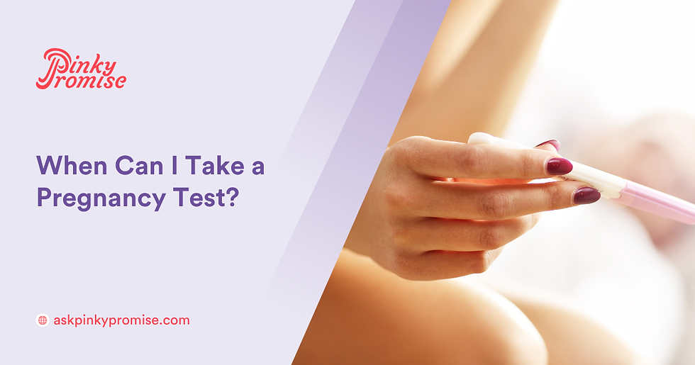 Hand holding a pregnancy test in a soft, blurred setting. Purple text reads, "When Can I Take a Pregnancy Test?" with askpinkypromise.com.