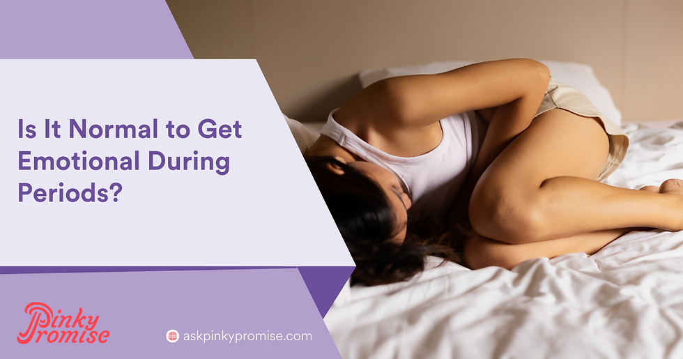 A person in a white tank and shorts lies curled on a bed. Text reads "Is It Normal to Get Emotional During Periods?" with a purple design.