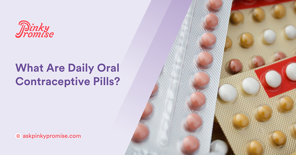 Pills in blister packs on a light purple background with text: "What Are Daily Oral Contraceptive Pills?" and "askpinkypromise.com".