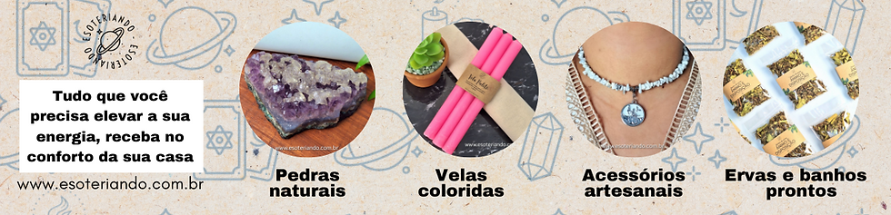 Fundo de papel reciclado com simbolos de carta do tarot, planeta saturno, brilho e imagens de produto: pedras naturais, banho de ervas, colares de pedras, velas 