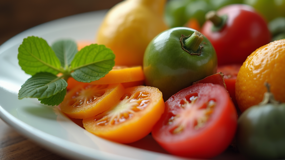 Close-up view of a colorful plate with fresh fruits and vegetables
