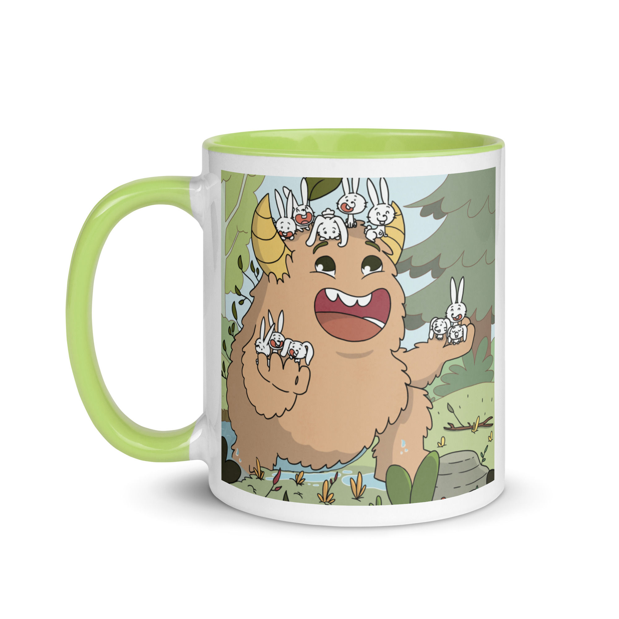 Cozy Cartoon Cottagecore Cute Fantasy Forest Creature and Bunnies Green Mug