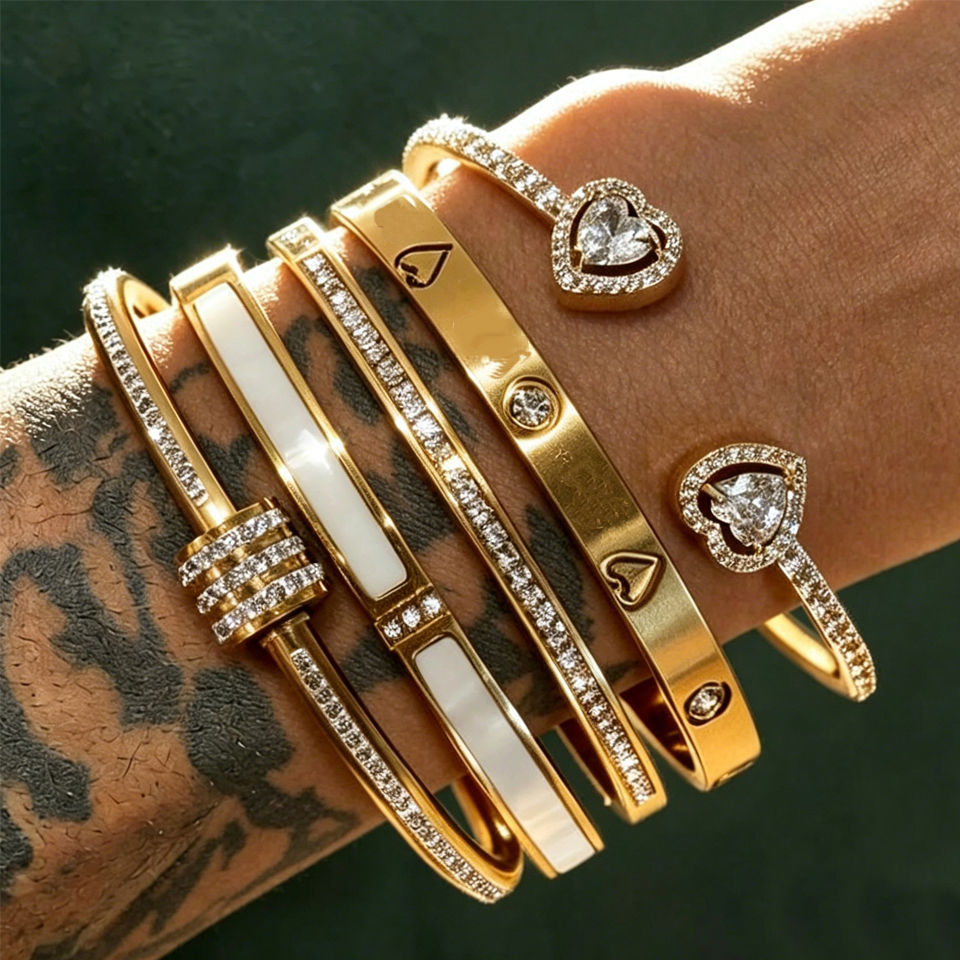 Miniatura: Yupsk 1/3pcs 18K Gold Plated Stainless Steel Heart Bracelet Set Fashion Zirconia