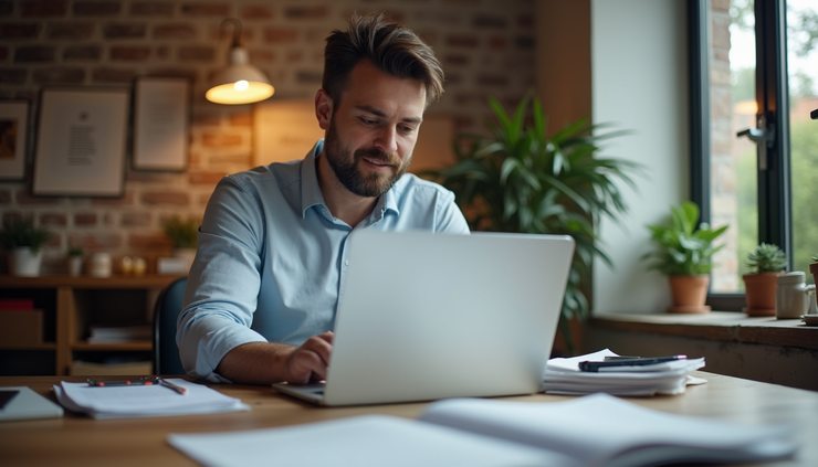 Eye-level view of a small business owner reviewing documents on a laptop in a cozy workspace